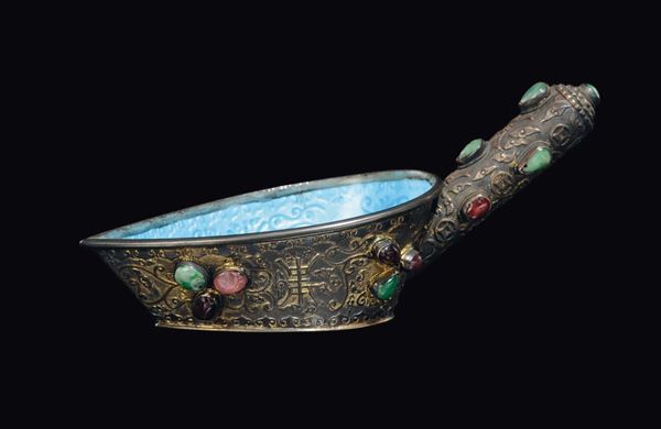 A silver spoon with geometric archaic style decoration and hardstone inlays, China, Qing Dynasty, 19th century