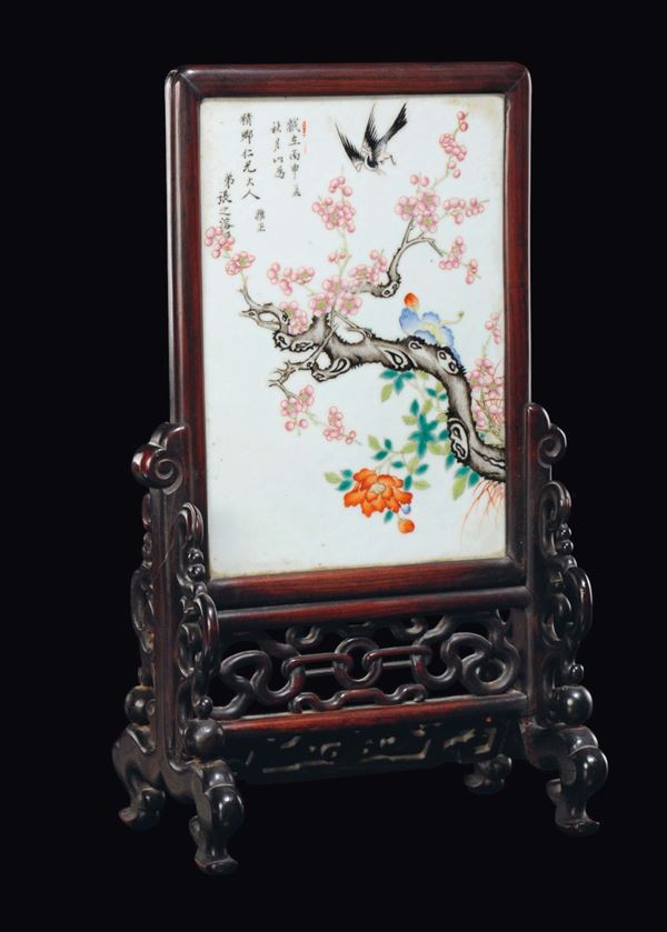 A table screen with polychrome enamelled plaque with cherry blossom branch and inscription, China, Qing Dynasty, late 19th century