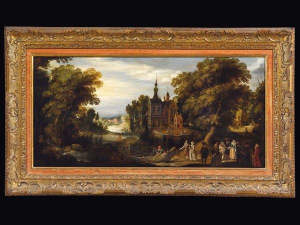 David Vinkeboons (Mechelen 1576 - Amsterdam 1629) Paesaggio con figure in prossimità di un castello