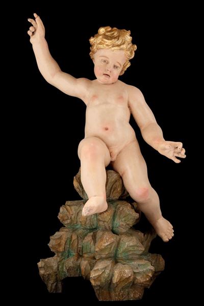 Coppia di Sculture Raffiguranti Putti in Legno Policromo e Dorato, Genova, Filippo Parodi (1630/1...