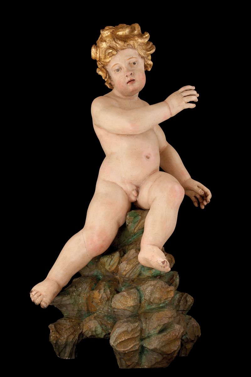 Coppia di Sculture Raffiguranti Putti in Legno Policromo e Dorato, Genova, Filippo Parodi (1630/1...