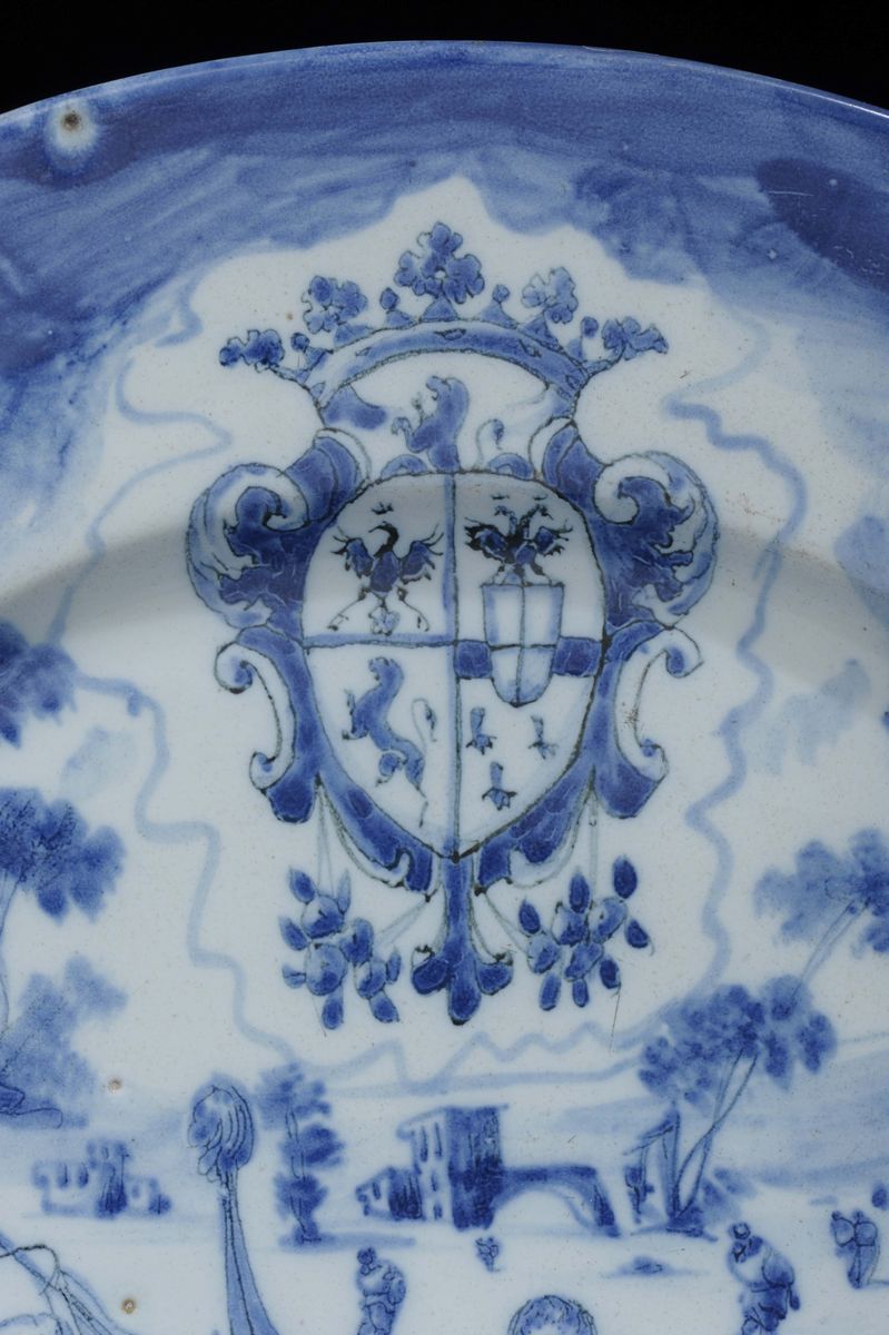 Grande Piatto in Maiolica di Savona Bianca e Blu, Manifattura Ferro-guidobono, Primo Quarto del X...