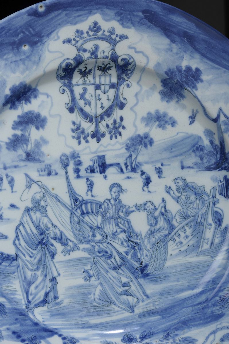 Grande Piatto in Maiolica di Savona Bianca e Blu, Manifattura Ferro-guidobono, Primo Quarto del X...