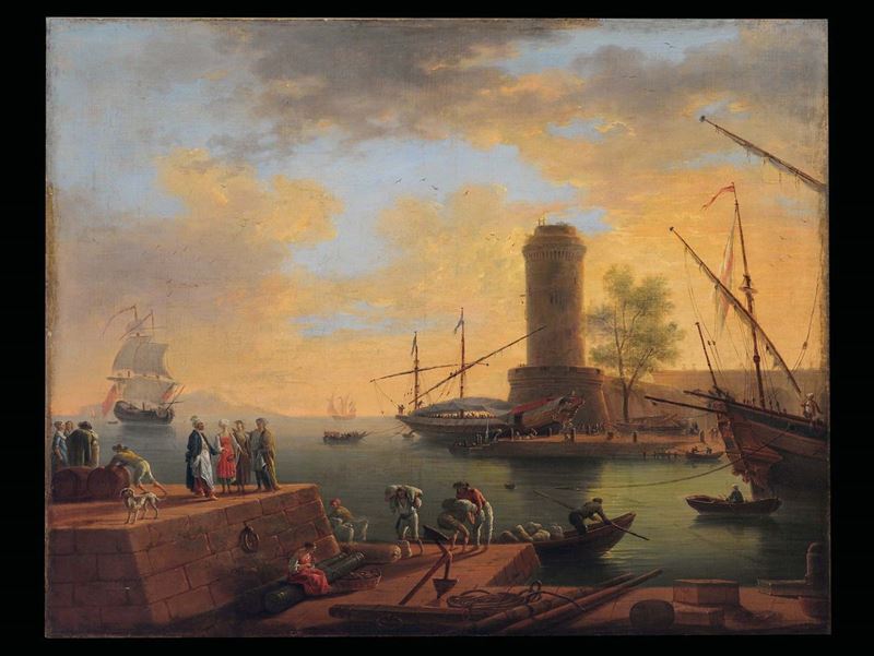 Charles François Grenier de Lacroix, detto Charles François Lacroix de Marseille (Marsiglia 1700 - Berlino 1779/1782) Scena di porto  - Asta Fine Art Selection - Cambi Casa d'Aste