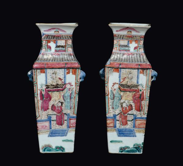 A pair of polychrome enamelled vases with court life scenes, China, Qing Dynasty, 19th century