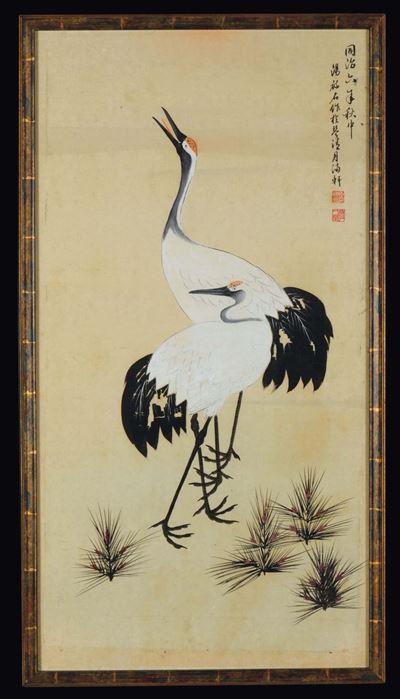 Dipinto su Carta Incorniciato Raffigurante Due Gru con Iscrizione, Cina, XX Secolo