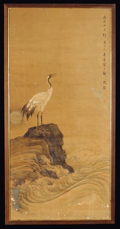 Dipinto su Carta Raffigurante Gru su Scogliera con Iscrizione, Cina, Dinastia Qing, XIX-XX Secolo