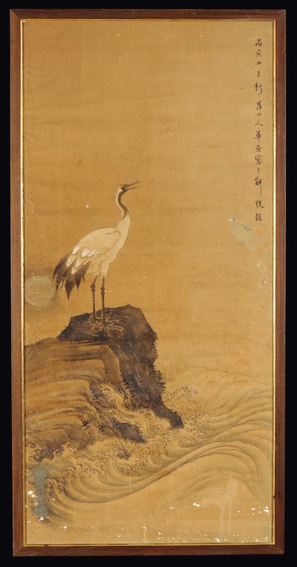 Dipinto su carta raffigurante gru su scogliera con iscrizione, Cina, Dinastia Qing, XIX-XX secolo