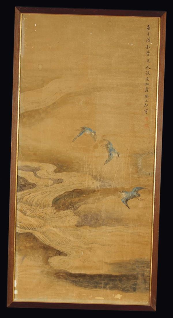Dipinto su carta raffigurante uccellini in volo entro paesaggio fluviale con iscrizione, Cina, Dinastia Qing, XIX-XX secolo