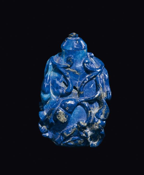 A lapis lazuli snuff bottle with double pumpkins in relief, China, Qing Dynasty, 19th century