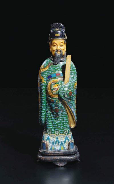 Dignitario con Cappello in Smalti Cloisonné, Cina, XX Secolo