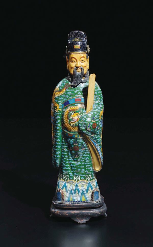 A cloisonné figure of standing dignitary with hat, China, 20th century