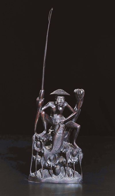 Scultura in Legno Raffigurante Pescatore con Canna da Pesca, Cina, XX Secolo