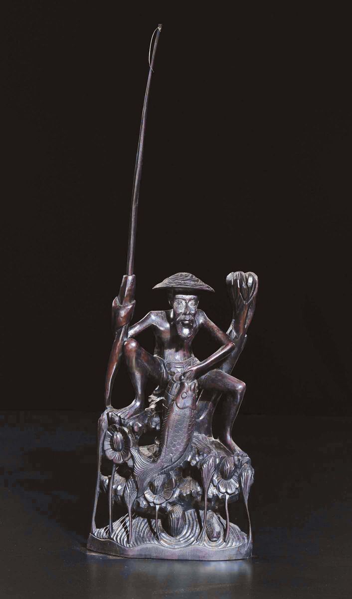 A carved wood fisherman with fishing rod, China, 20th century  - Auction Chinese Works of Art - Cambi Casa d'Aste
