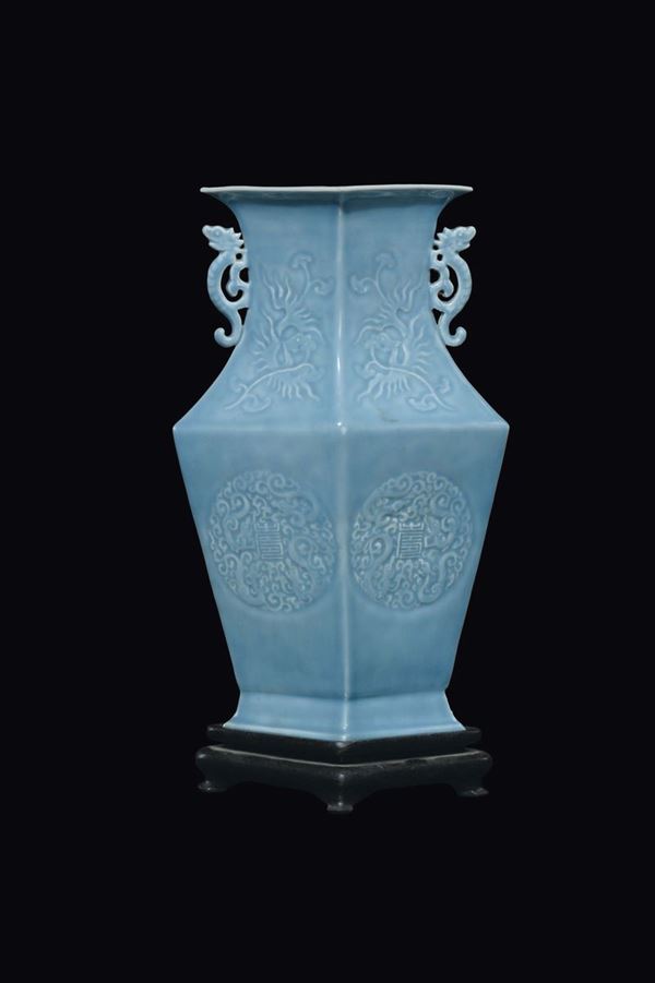 A Clair de Lune porcelain rhomboid based vase, China, Qing Dynasty, 19th century