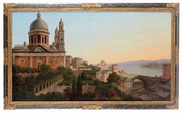Scuola Genovese dell’inizio del XIX secolo Veduta di Genova con la Basilica di Carignano Veduta di strada monumentale