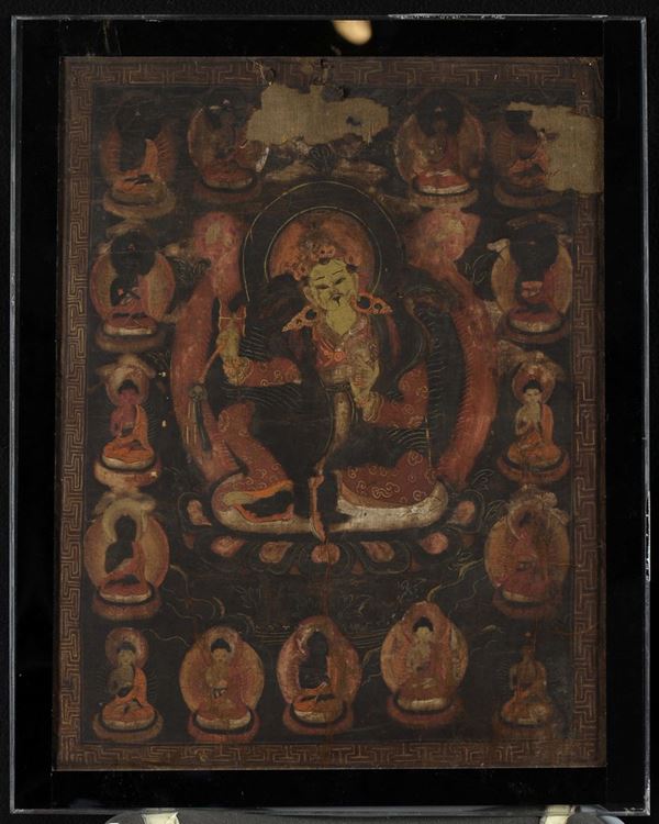 Tanka incorniciato a fondo verde con raffigurazione di diverse divinità, Tibet, XIX secolo