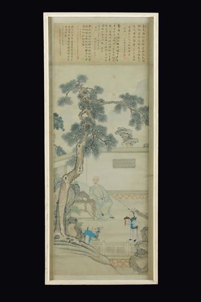 Dipinto su Carta Raffigurante Attendente con Fanciulli e Iscrizione in Alto, Cina, Dinastia Qing,...