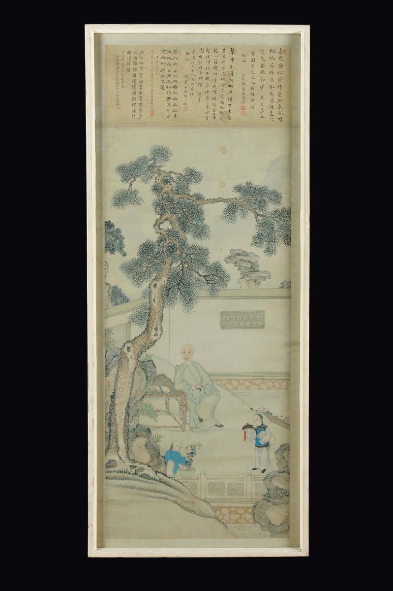 A painting on paper depicting wise man with children and inscription, China, Qing Dynasty, 19th century  - Auction Fine Chinese Works of Art - Cambi Casa d'Aste