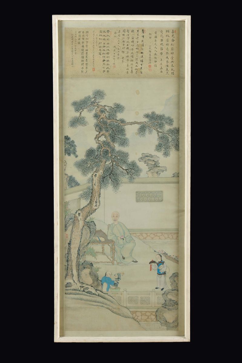 Dipinto su carta raffigurante attendente con fanciulli e iscrizione in alto, Cina, Dinastia Qing, XIX secolo  - Asta Fine Chinese Works of Art - Cambi Casa d'Aste