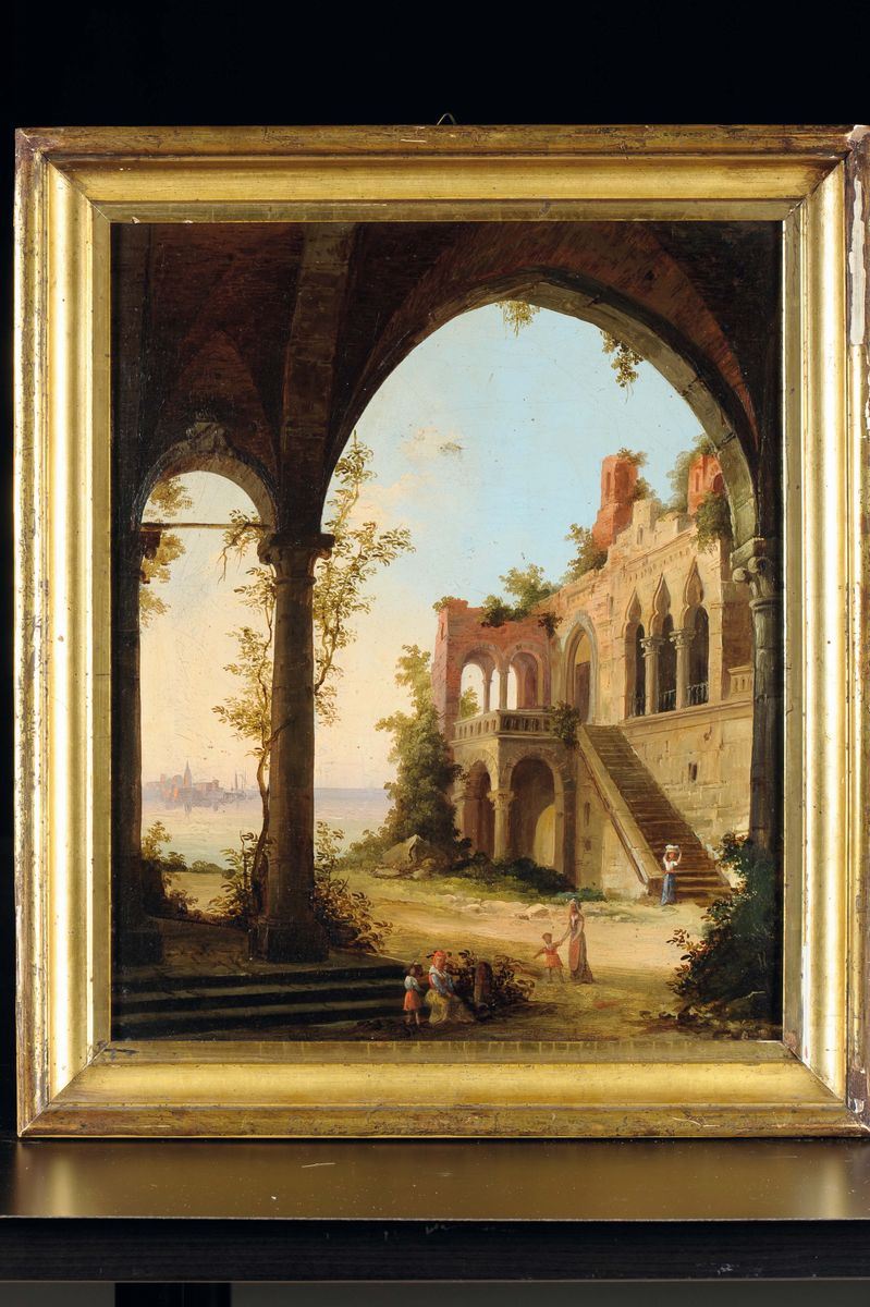 Scuola Francese del XIX secolo Paesaggio con architetture  - Asta Arredi dalle dimore degli eredi Ercole Marelli e altre provenienze - Cambi Casa d'Aste