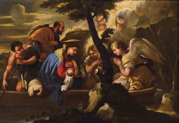 Luca Giordano (Napoli 1634 - 1705) Sacra Famiglia che fugge in Egitto su una barca