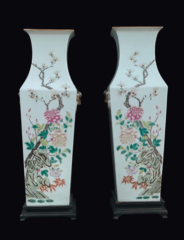 A pair of square based polychrome enamelled vases with roses, butterflies and cherry blossoms, China, Qing Dynasty, 19th century