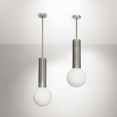 Coppia Lampade Sospensione in Acciaio e Vetro. Prod. Italia, 1970 Ca.