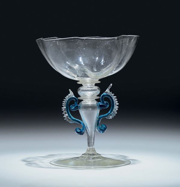 A chalice with colourless and aquamarine glass wings. Venice early 17th century