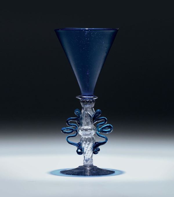 A blown glass chalice with cobalt blue cup. Venice, 17th century