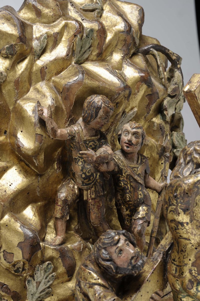 Gruppo Scultoreo in Legno Policromo e Dorato Raffigurante Cristo al Calvario. Bottega Lombarda de...