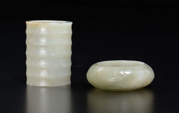 A white and russet jade brush bowl and cylinder, China, 20th century