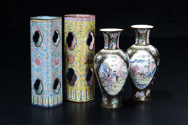 Two pair of cloisonné vase, a pair squared and the others with figures within reserves, China, Canton, Qing Dynasty, 19th century