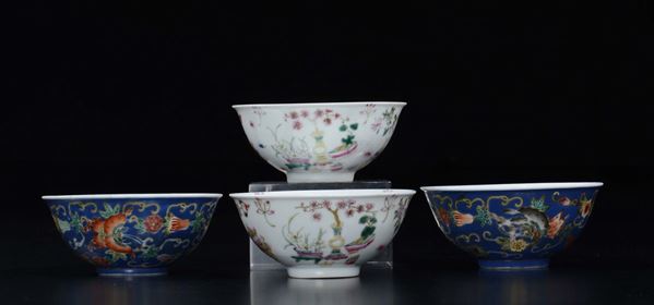 Two pair of polychrome enamelled cups with flowering decorations, China, 20th century