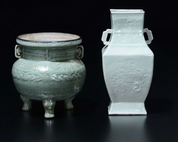 Lot of Celadon porcelains, a tripod censer and a double handles vase, China, 20th century