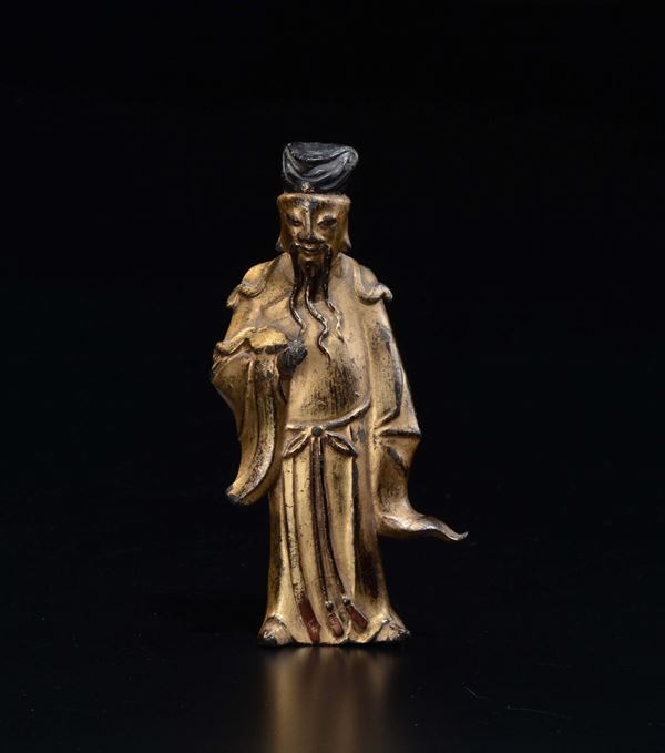 Figura di dignitario con baffi in bronzo dorato, Cina, Dinastia Qing, XIX secolo
