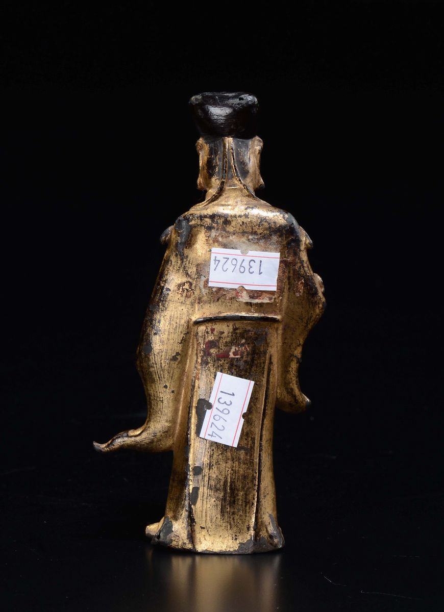 Figura di Dignitario con Baffi in Bronzo Dorato, Cina, Dinastia Qing, XIX Secolo