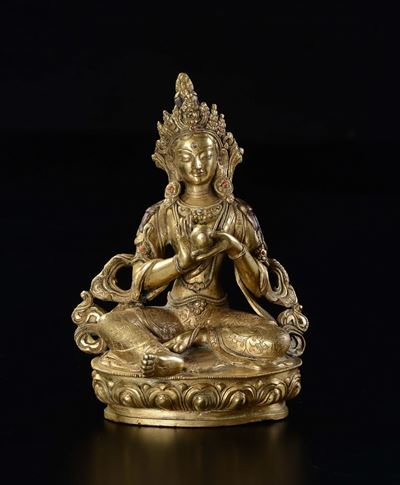 Figura di Amitaya in Bronzo Dorato Seduta su Fiore di Loto, Cina, XX Secolo