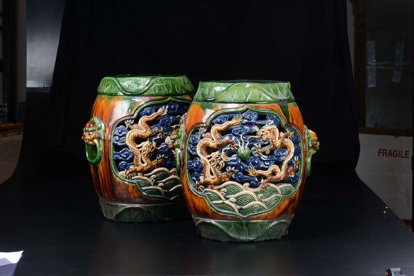 A pair of polychrome enamelled porcelain garden seats with dragons within reserves, China, Qing Dynasty, 19th century