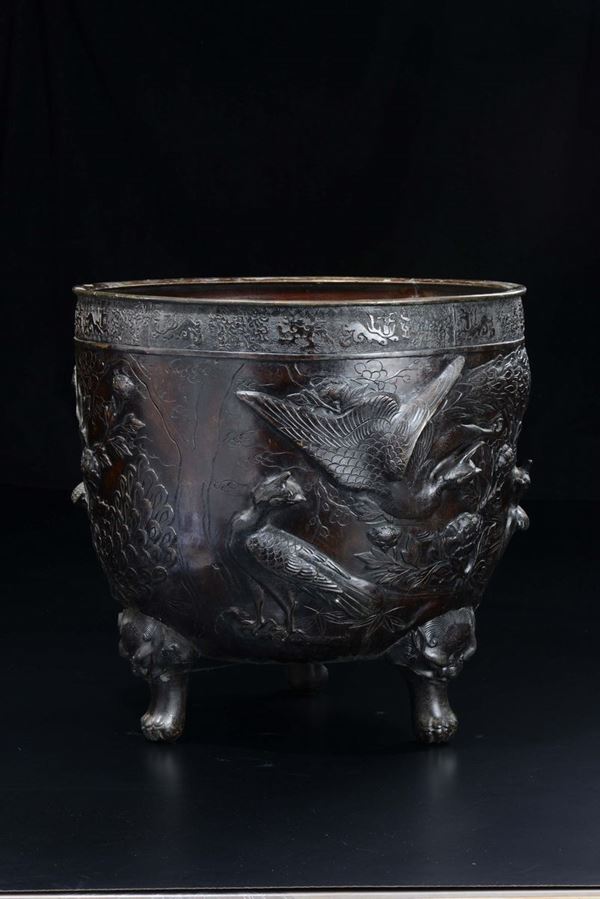 A bronze tripod censer with phoenixes in relief, Japan, 19th-20th century