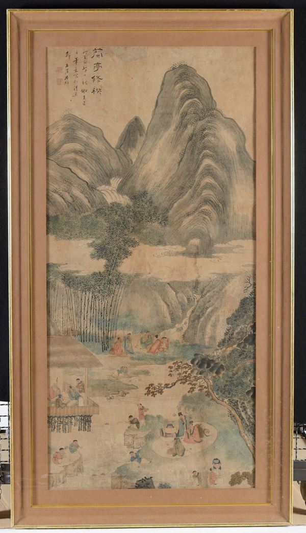 Dipinto su carta raffigurante paesaggio montano con personaggi e iscrizione, Cina, Dinastia Qing, XIX secolo
