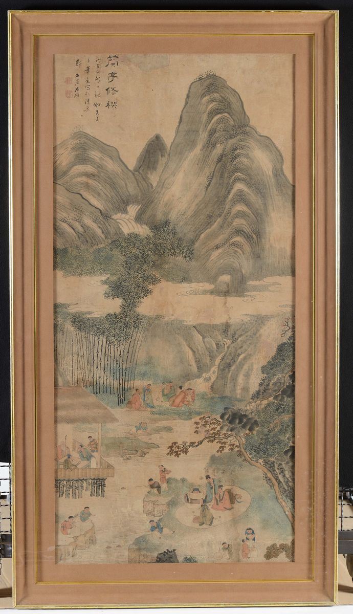 Dipinto su carta raffigurante paesaggio montano con personaggi e iscrizione, Cina, Dinastia Qing, XIX secolo  - Asta Chinese Works of Art - Cambi Casa d'Aste