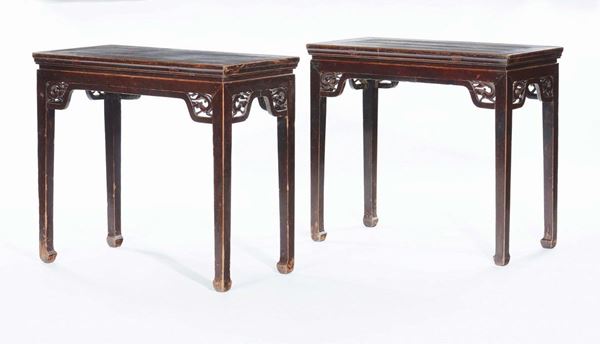 A pair of carved and fretworked wooden table, China, Qing Dynasty, 19th century