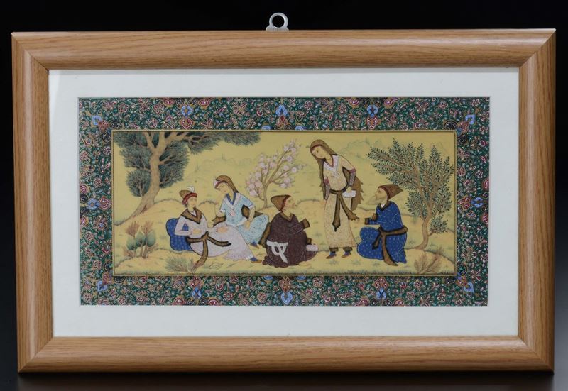 Miniatura incorniciata su avorio con personaggi entro peaseaggio, India, inizio XX secolo  - Asta Chinese Works of Art - Cambi Casa d'Aste