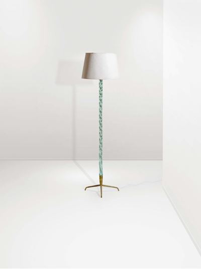 Lampada da Terra con Stelo in Vetro di Murano Torchon, Base in Ottone e Diffusore in Tessuto. Pro...