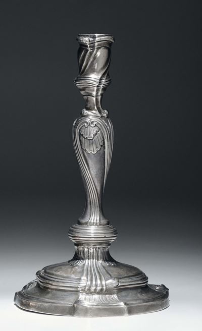 Candeliere in Argento Fuso, Sbalzato e Cesellato. Genova Punzone della Torretta per L’anno 1760