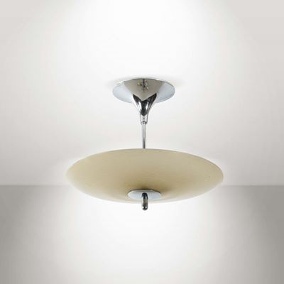 Lampada da Sospensione con Struttura in Ottone Cromato e Diffusore in Vetro di Murano Pulegoso. P...