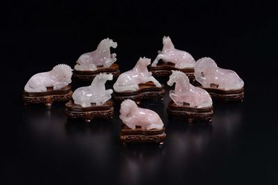Otto Cavalli Scolpiti in Quarzo Rosa, Cina, Inizio XX Secolo