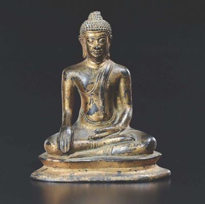 Figura di Buddha Seduto in Bronzo Dorato, Thailandia, XVII Secolo