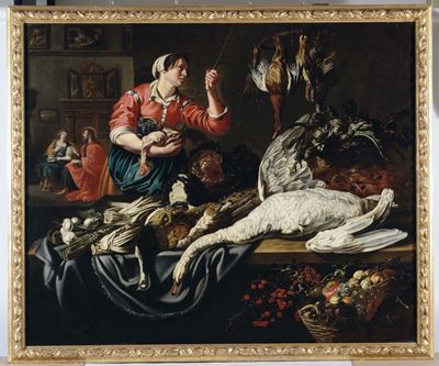 Adriaen Van Utrecht (antwerp 1599 - 1652)scena di Cucina con Cristo nella Casa di Marta e Maria